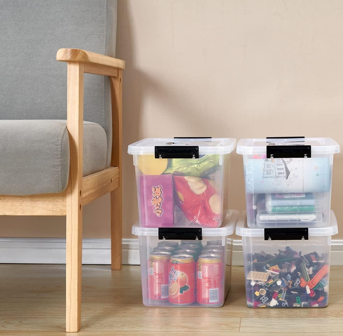 6 Quart Stackable Plastic Storage Bins with Lids, 6 Pack Clear Black Small Organizer Boxes with Latches for Bathroom, Pantry, Office Desk and Small Item Storage
