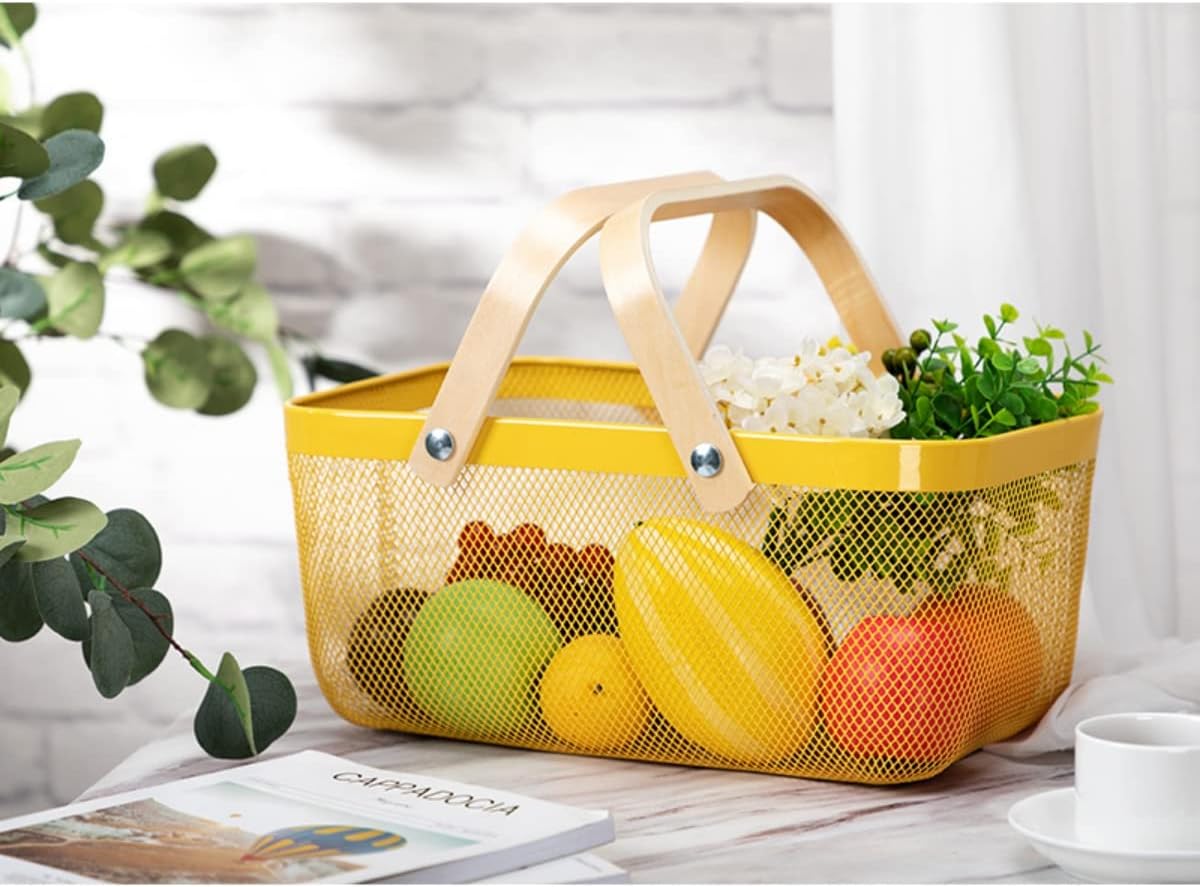 Mesh Steel Storage Organizer Basket Fruit Basket Bin with Wood Handle Ideal for Kitchen Bathroom Picnic Baskets Pantry Cabinets Storage Home Decor (White)