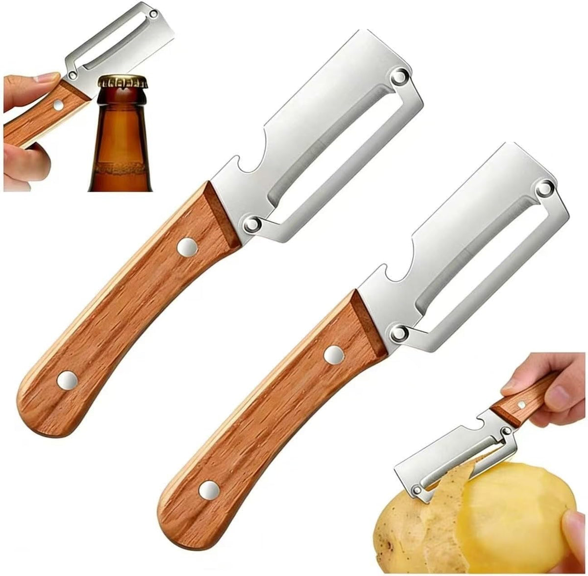 Multifunctional Vegetable Peeler, 2-in-1 Peelers For Kitchen with Bottle Opener, Sharp Stainless Steel Swivel Blade, Wooden Handle, For Vegetables or Fruits that Need to Be Peeled (2)2PCS