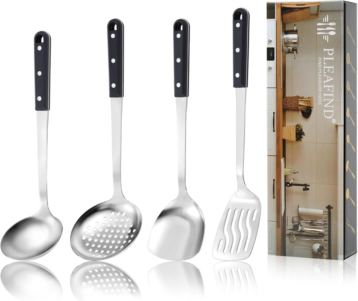 Pleafind 𝟑𝟑% 𝐎𝐅𝐅 Cooking Utensils Set - 4 Pcs Stainless Steel Kitchen Utensils Set with Solid Turner, Slotted Turner, Serving Ladle, Slotted Spoon, Wok Utensils Set with Heat Resistant Handle