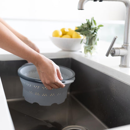 Dexas 10" Collapsible Silicone Colander in Cream, Kitchen Strainer with Handles, 15.1 Cup Capacity | BPA-Free, Heat-Resistant, Space-Saving Kitchen Tool