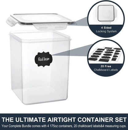 M MCIRCO Extra Large 7qt / 6.5L/220oz Tall Food Storage Containers, WIDE & DEEP, 4-Piece Plastic Airtight Kitchen Pantry Storage Containers for Flour, Sugar, with 4 Measuring Cups,20 Labels