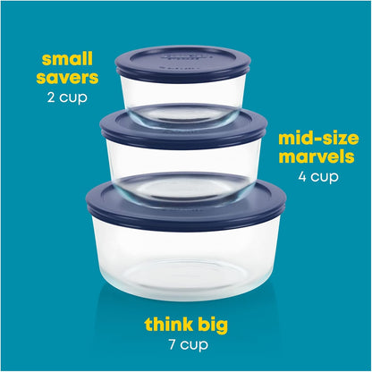 Pyrex Simply Store (3-Pack) Glass Food Storage Containers Set, (2, 4 & 7 Cup) Meal Prep Containers With Plastic BPA-Free Lids, Dishwasher & Microwave Safe