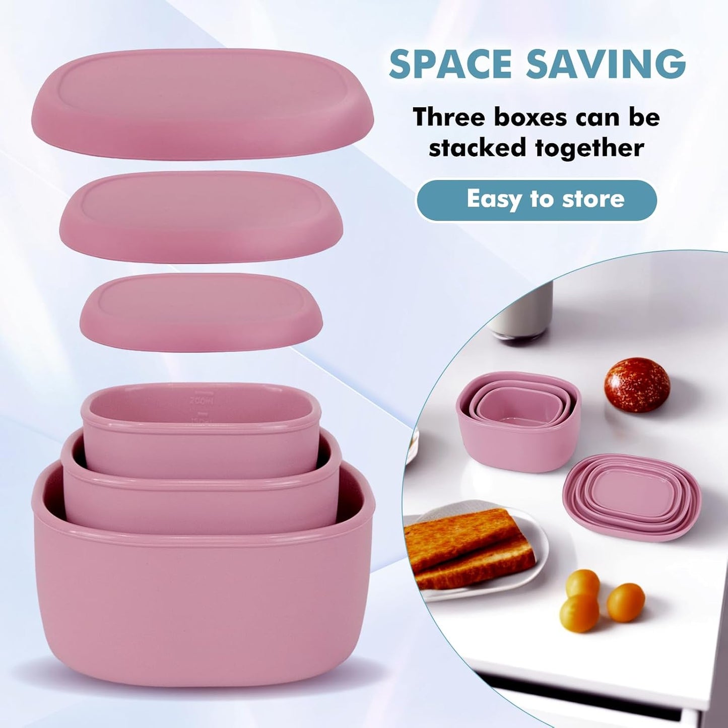 Anatole Silicone Food Storage Lunch Bento Box Set of 3 Reusable Nesting Containers with Lids BPA Free Dishwasher Microwave Oven Freezer Safe Leakproof (6.7oz, 10oz, 20oz)