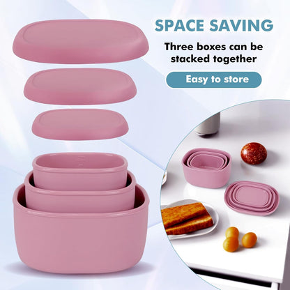 Anatole Silicone Food Storage Lunch Bento Box Set of 3 Reusable Nesting Containers with Lids BPA Free Dishwasher Microwave Oven Freezer Safe Leakproof (6.7oz, 10oz, 20oz)