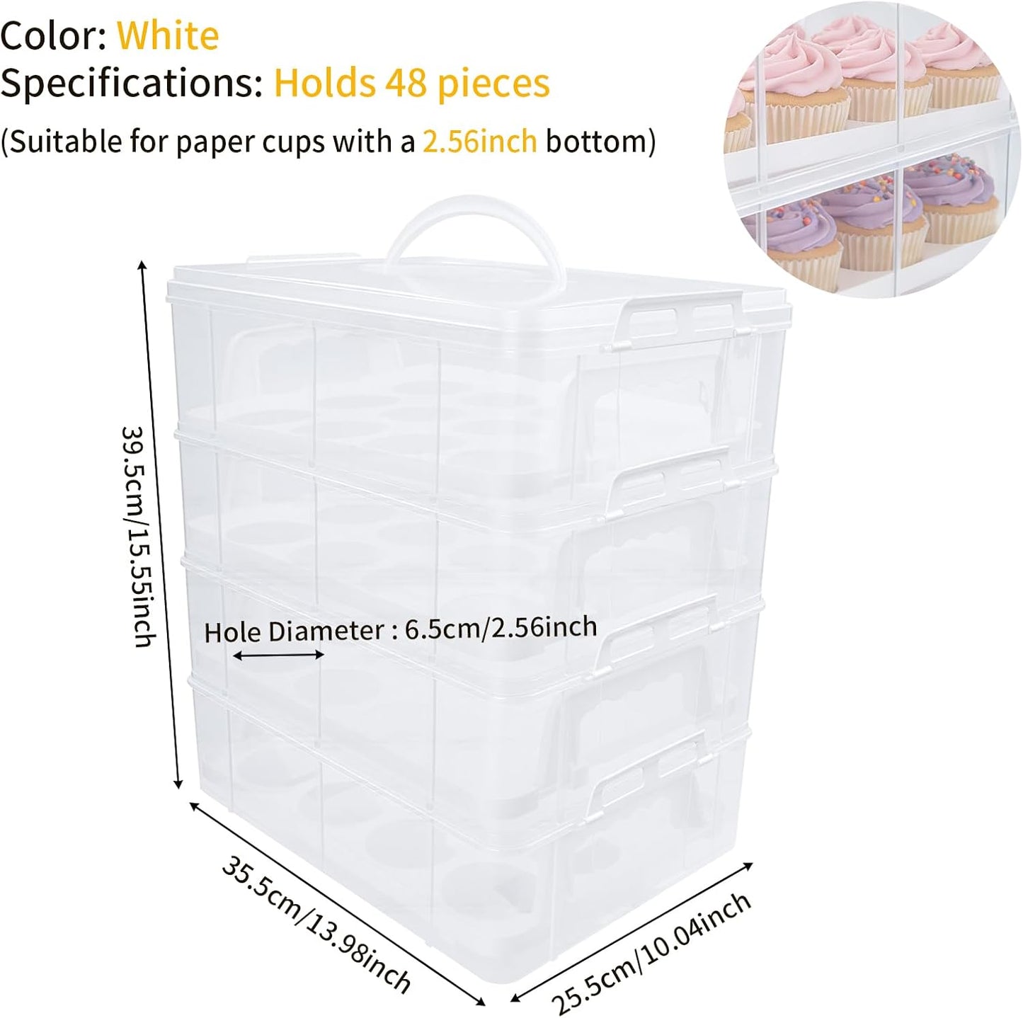 4-Tier Cupcake Carrier Holds 48 Cupcakes - Portable Dessert Holder with Secure Clips & Clear Shell, Stackable Storage Container for Parties, Birthdays, Baking, Clear/White