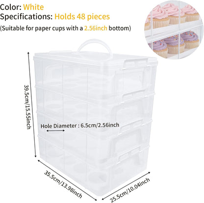 4-Tier Cupcake Carrier Holds 48 Cupcakes - Portable Dessert Holder with Secure Clips & Clear Shell, Stackable Storage Container for Parties, Birthdays, Baking, Clear/White