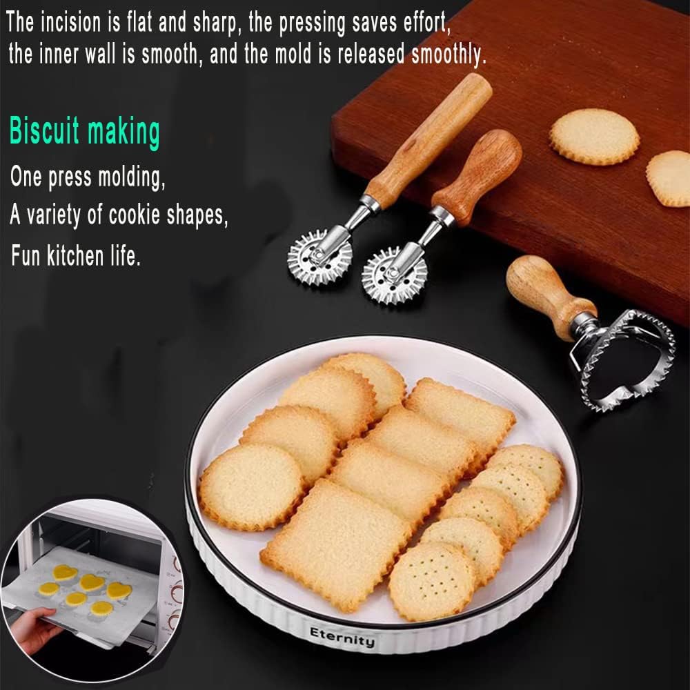 Ravioli Cutter Stamps with Roller Wheel Round Mold with Wooden Handle and Fluted Edge Pasta Press Pasta Cutter for Home and Kitchen Use- 1.3" Diameter