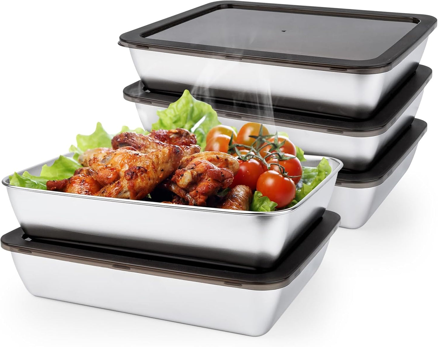 4 PCS Stainless Steel Food Storage Containers with lids,2.16 Inch Deep, 8x10 Inch Stainless Steel Oven plate, Metal Roasting Pan for Meal Prep、Meat, Rustproof & Heavy, Freezer & Dishwasher Safe