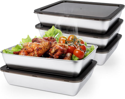 4 PCS Stainless Steel Food Storage Containers with lids,2.16 Inch Deep, 8x10 Inch Stainless Steel Oven plate, Metal Roasting Pan for Meal Prep、Meat, Rustproof & Heavy, Freezer & Dishwasher Safe