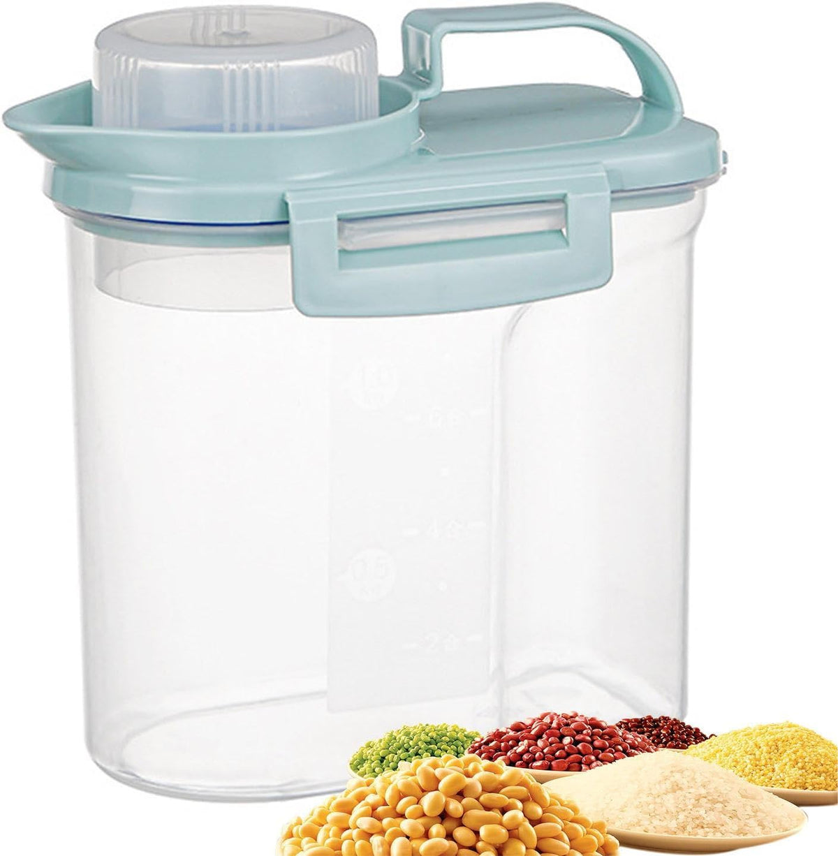 5.5lbs Clear Food Dispenser Container - Airtight Rice Storage Barrel With Handle And Dustproof Measuring Cup, Large Capacity Bin For Soybeans, Grains, Oats, Flour, Lentils, Pasta, Pet Food