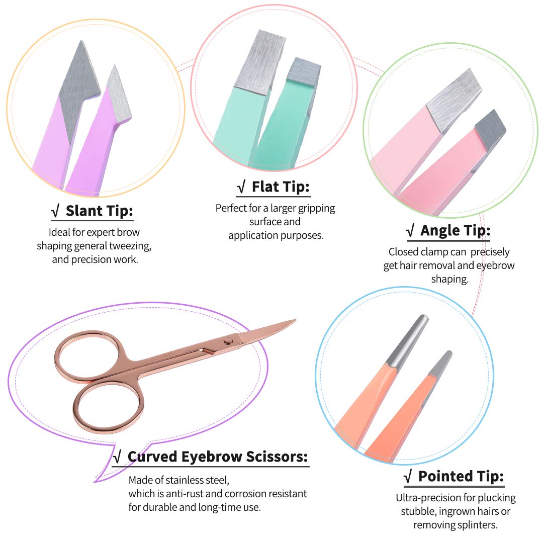 TsMADDTs Eyebrow Tweezers Set and Curved Scissor, Professional Stainless Steel Tweezers for Women and Men, Splinter and Ingrown Hair Removal