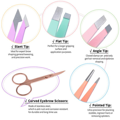 TsMADDTs Eyebrow Tweezers Set and Curved Scissor, Professional Stainless Steel Tweezers for Women and Men, Splinter and Ingrown Hair Removal