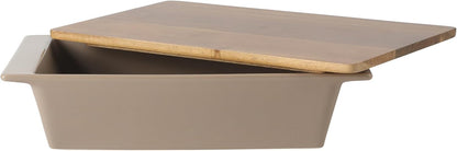 Gibson Elite 3-Section Stoneware Serving Tray with Acacia Lid – Taupe Rectangular Chip & Dip, Condiment, Snack and Appetizer Server for Parties & Entertaining