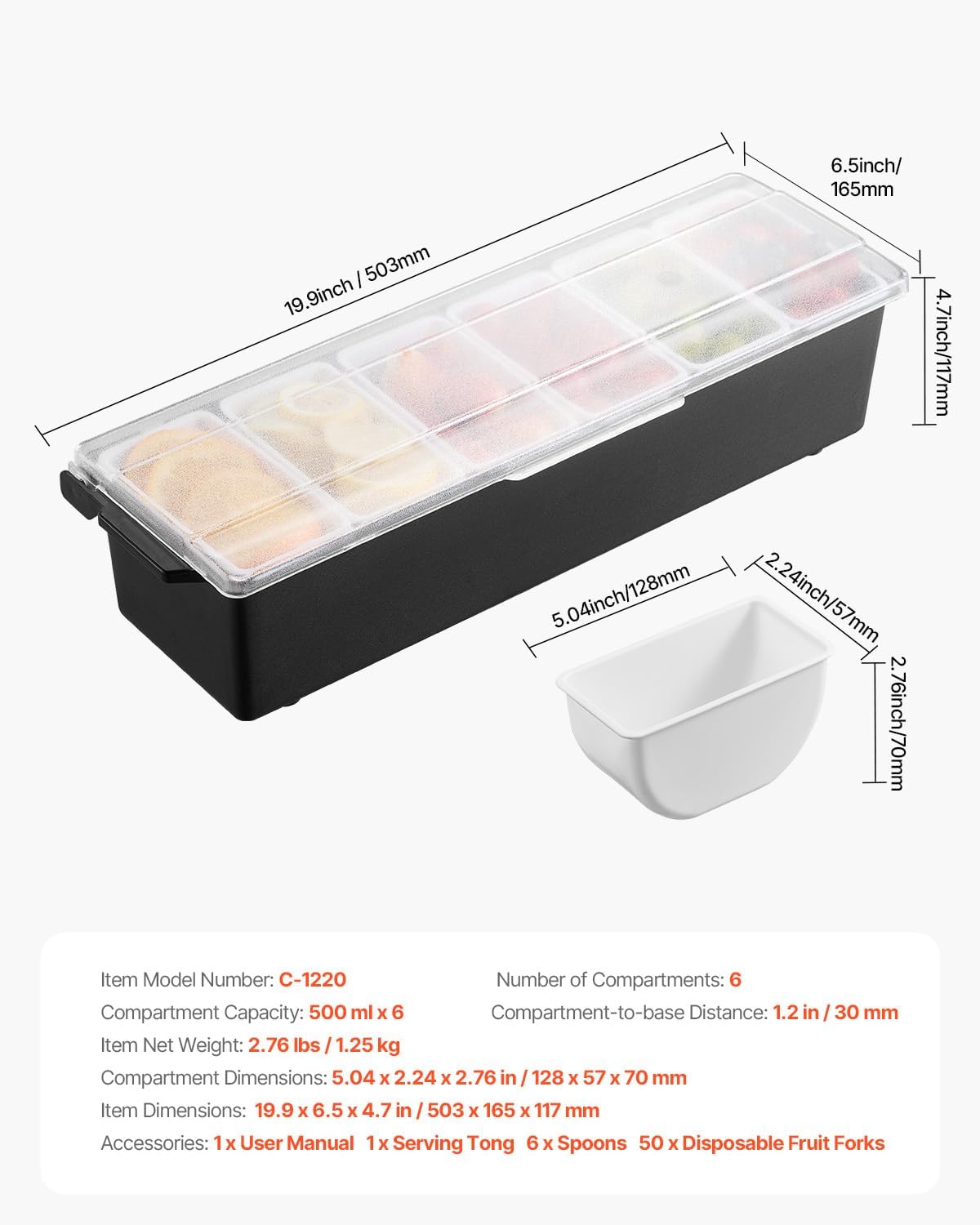 VEVOR Chilled Condiment Server Caddy, 5 Compartment Ice Cooled Serving Container, Plastic Fruit Garnish Tray Platter with Lid, for Taco Salad Bar Accessories, Party Home Restaurant Supplies