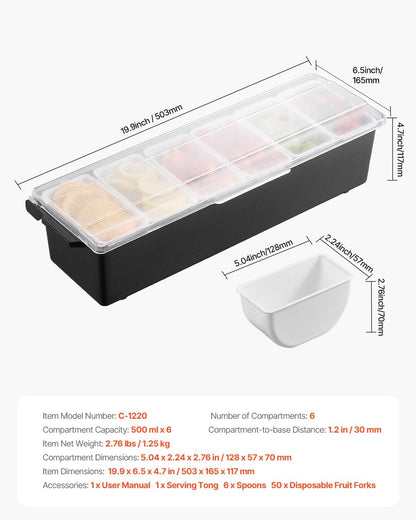 VEVOR Chilled Condiment Server Caddy, 5 Compartment Ice Cooled Serving Container, Plastic Fruit Garnish Tray Platter with Lid, for Taco Salad Bar Accessories, Party Home Restaurant Supplies