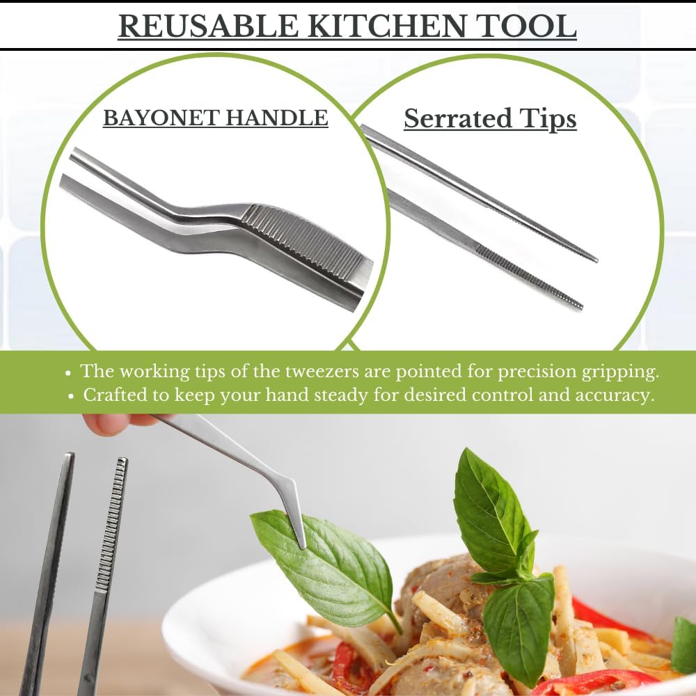 Stainless Steel Offset Chef Kitchen Tweezers for Preparing, Sea Food, BBQ, Decorating Plates & Cakes, Pastries, Kernels of Corn, Pine Nuts Garnishing, Placing & Picking Objects (8 Inch)