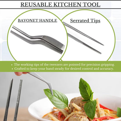 Stainless Steel Offset Chef Kitchen Tweezers for Preparing, Sea Food, BBQ, Decorating Plates & Cakes, Pastries, Kernels of Corn, Pine Nuts Garnishing, Placing & Picking Objects (8 Inch)