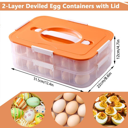 2 Layer Deviled Egg Containers with Lid, 36 Slots Deviled Egg Tray Carrier with Handle and Injector Piping Tool, Fridge Stackable Portable Clear Storage Egg Platter for Party Picnic Travel (Green)
