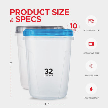 Tafura 10 Pack Leakproof Freezer Containers for Food with Twist Top Lids - 32 Oz BPA Free Reusable Plastic Soup Containers with Screw On Lids - Ideal for Meal Prep, Leftovers & Pantry Organization
