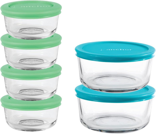 Anchor Hocking 12 Piece Glass Storage Containers with Lids (6 Glass Food Storage Containers & 6 Navy Blue SnugFit Lids)