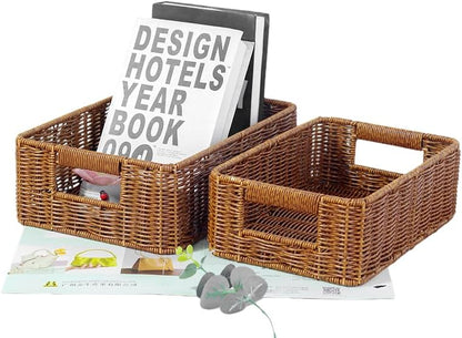 Plastic Storage Baskets for Shelves and Cabinets, Wicker Storage Baskets for Shelves, Pantry Baskets Organization and Storage, Water-Resistant and Durable(Set of 2, Dark Brown)