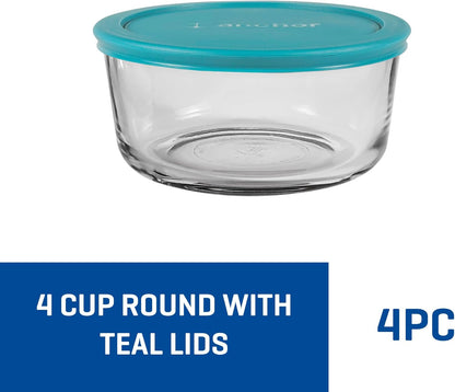 Anchor Hocking 2 Cup Glass Storage Containers with Lids, Set of 4 Glass Food Storage Containers with Mint SnugFit Lids