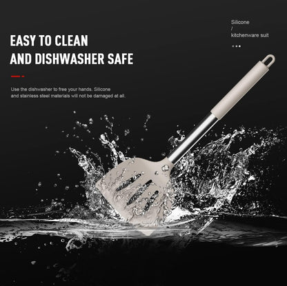 oannao Large Silicone Cooking Utensils Set - Heat Resistant Kitchen Utensils,Turner Tongs,Spatula,Spoon,Brush,Whisk,Stainless Steel Cooking Tool for Nonstick Cookware,Dishwasher Safe (Khaki)