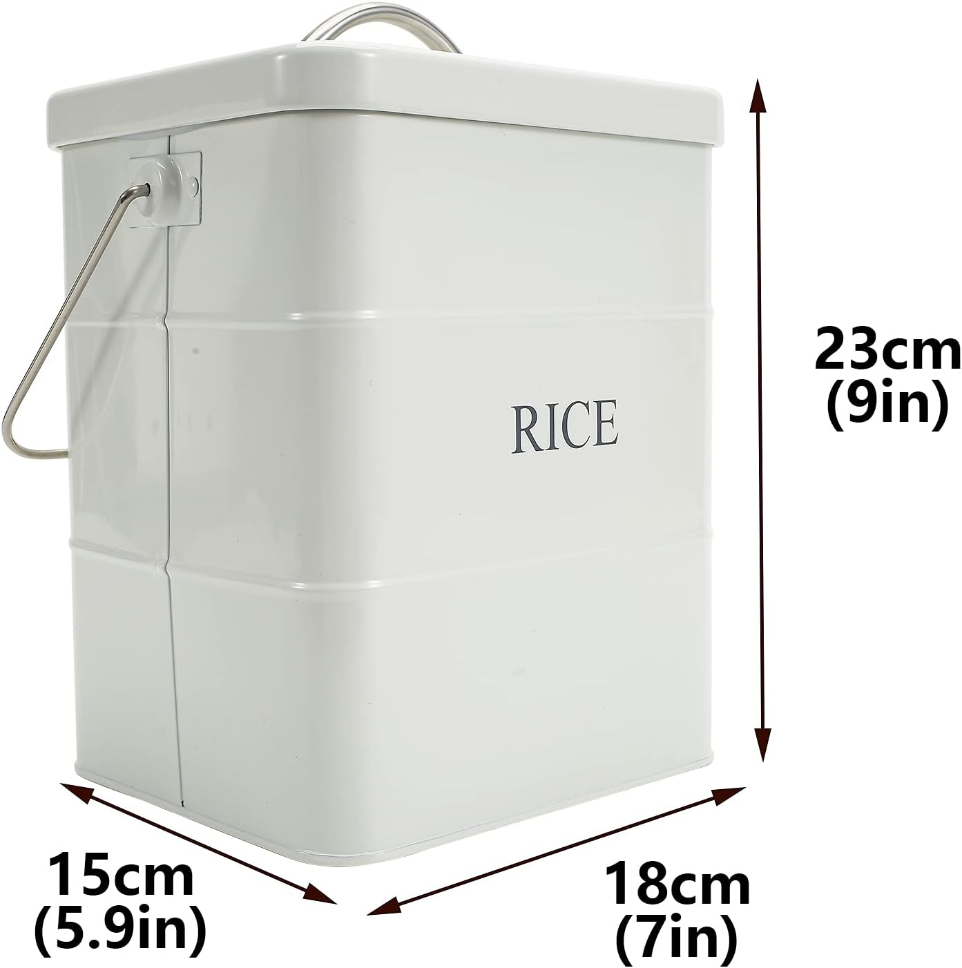 Metal Rice Storage Box, Square Rice Container with Lid and handle, Sealed Food Storage Bin for Kitchen, Countertop Organizer Jar for Rice Flour Soybean Grain Cereal-White