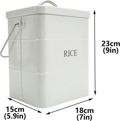 Metal Rice Storage Box, Square Rice Container with Lid and handle, Sealed Food Storage Bin for Kitchen, Countertop Organizer Jar for Rice Flour Soybean Grain Cereal-White