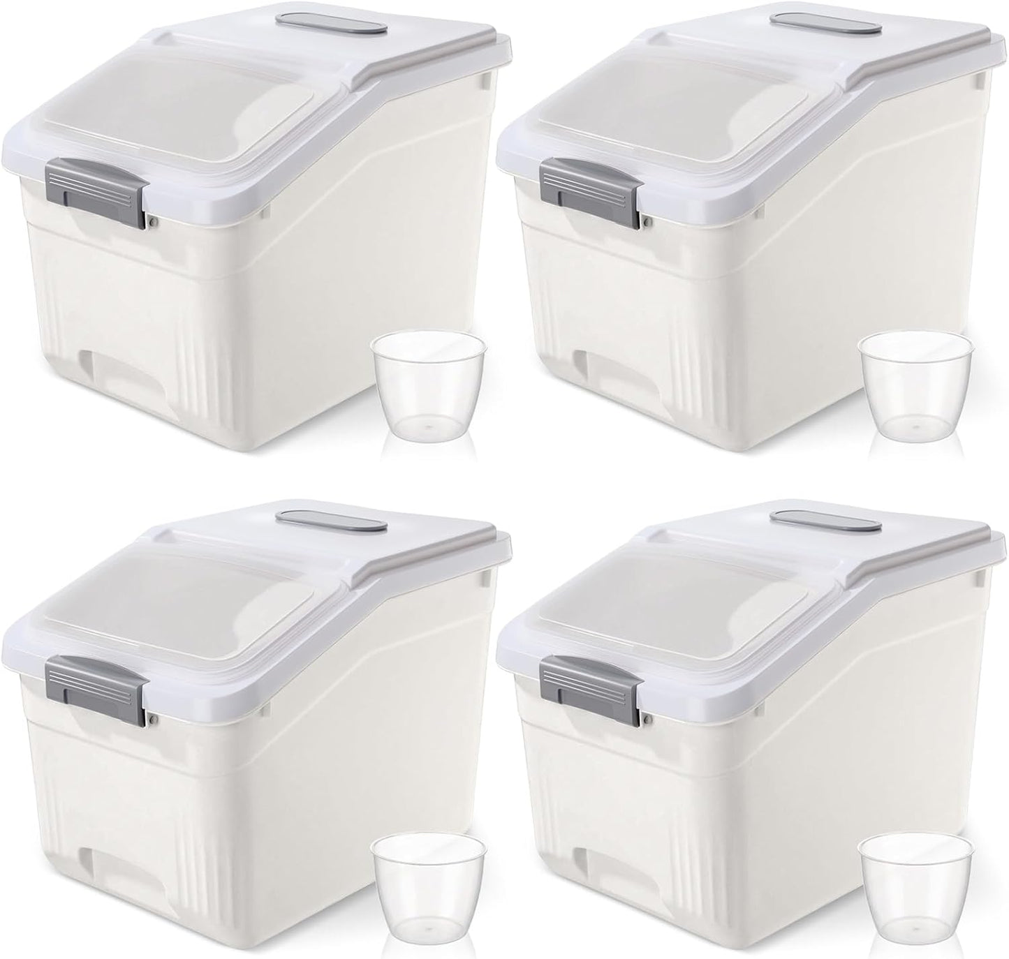 Blushtier 4 Pack Large Rice Storage Containers 30 Lbs Airtight Flour Container with Seal Locking Lid and Measuring Cup Kitchen Dry Food Storage Bins for Cereal Sugar Beans(Transparent White)