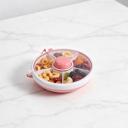 Kids Snack Box with Dividers, Portable Food Grade Fruit Container with Lid, Rotating Snack Tray for Family Gatherings, Holiday Parties, Toddler Use Pink