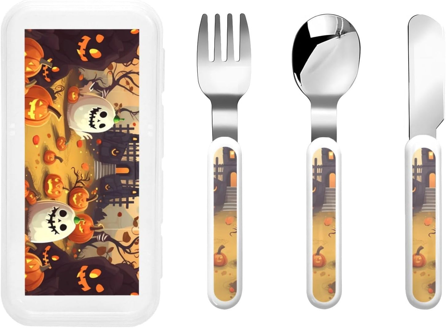 3-Piece Kids Silverware Set, Stainless Steel Reusable Children Safe Knife Spoon Fork Set With Storage Case Halloween Holiday Children Flatware Set For Kids Lunch Box