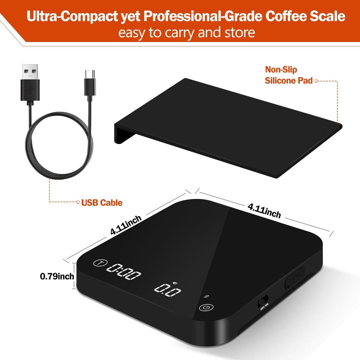 Mini Coffee Scale with Timer Automatic, 0.1g/2000g Rechargeable Precision Espresso Scale