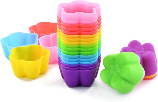 Reusable and Non-stick Mini Silicone Baking Cups/Muffin Cups/Mini Cupcake Liners/Chocolate Holders/Truffle Cups, 24 Pack, 6 Vibrant Colors Flower