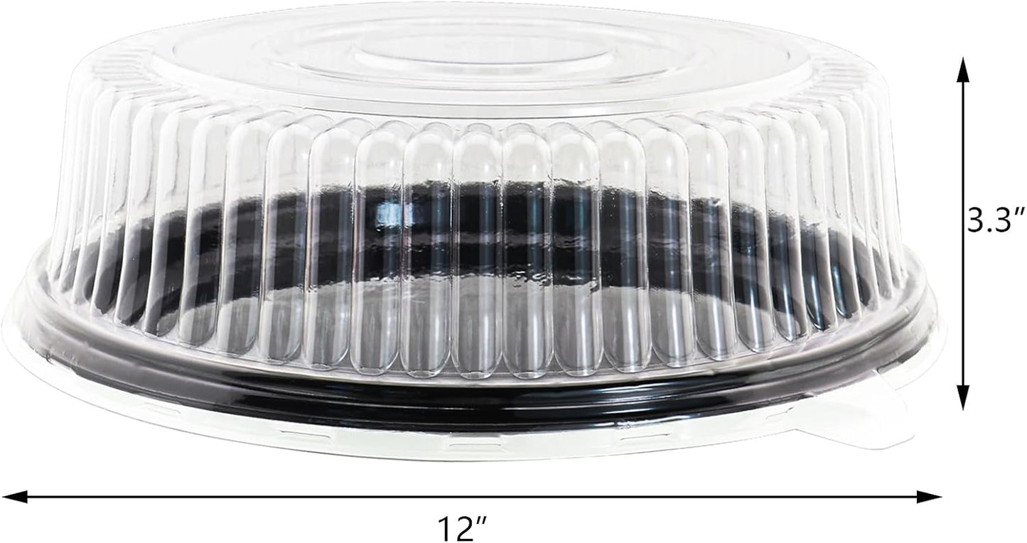 12" [5 Pack] Round Cake Pies Carriers, Black Serving Tray with Clear Lid, Disposable Cake Containers with Dome Lids Dessert Sandwich Trays for Party
