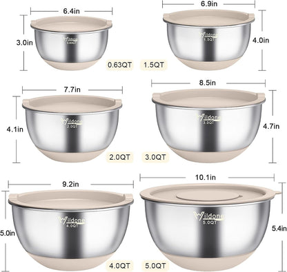 Wildone Mixing Bowls with Airtight Lids, 22 PCS Stainless Steel Nesting Bowls, with 3 Grater Attachments, Scale Marks & Non-Slip Bottom, Size 5, 4, 3, 2,1.5, 0.63QT, Ideal for Mixing & Prepping