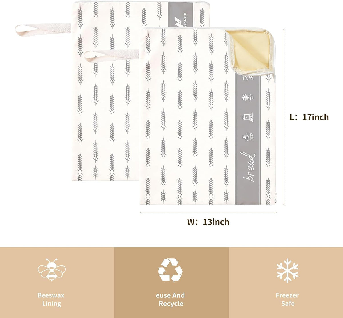 Wide Zipper Access Cotton &Beeswax Bags for Homemade Bread 2 Pack XL Reusable Beeswax Bread Bags for Homemade Bread Freezer Organic Cotton Food Storage Bags to Keep Fresh