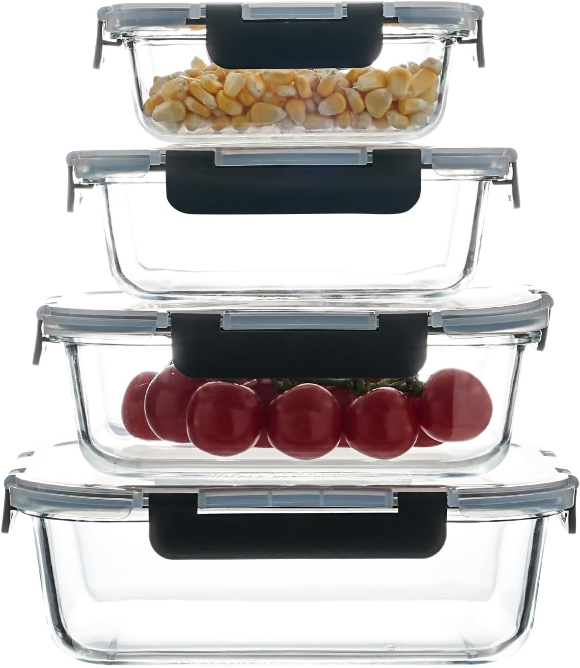 Glass Food Storage Containers with Airtight Locking Lids, 4-Piece Set, Nesting Design