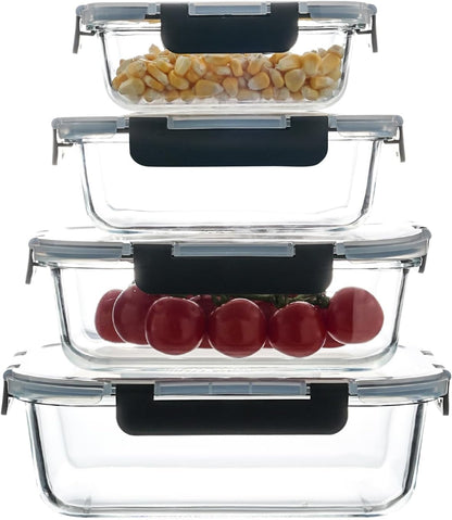 Glass Food Storage Containers with Airtight Locking Lids, 4-Piece Set, Nesting Design