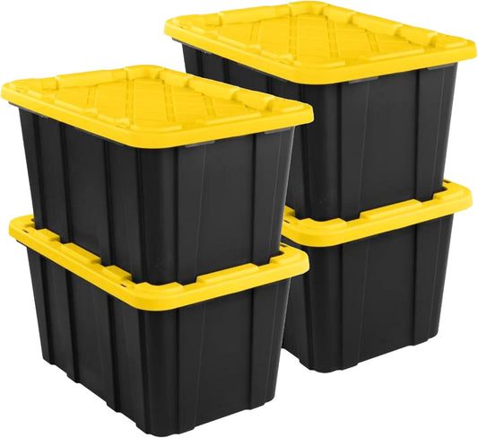 Sterilite 4-Pack 27 Gallon Industrial Storage Tote, Heavy-Duty Plastic Bins, Black/Yellow - Stackable Utility Organizers with Lids for Garage, Camping Tools, and Outdoor Gear