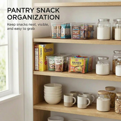 MOONEDGE 4-Pack 10x6x5 Stackable Small Clear Storage Bins with Lids | Plastic small item organizer containers with handles for vanity, craft, office, fridge, kitchen, pantry, bathroom and closet