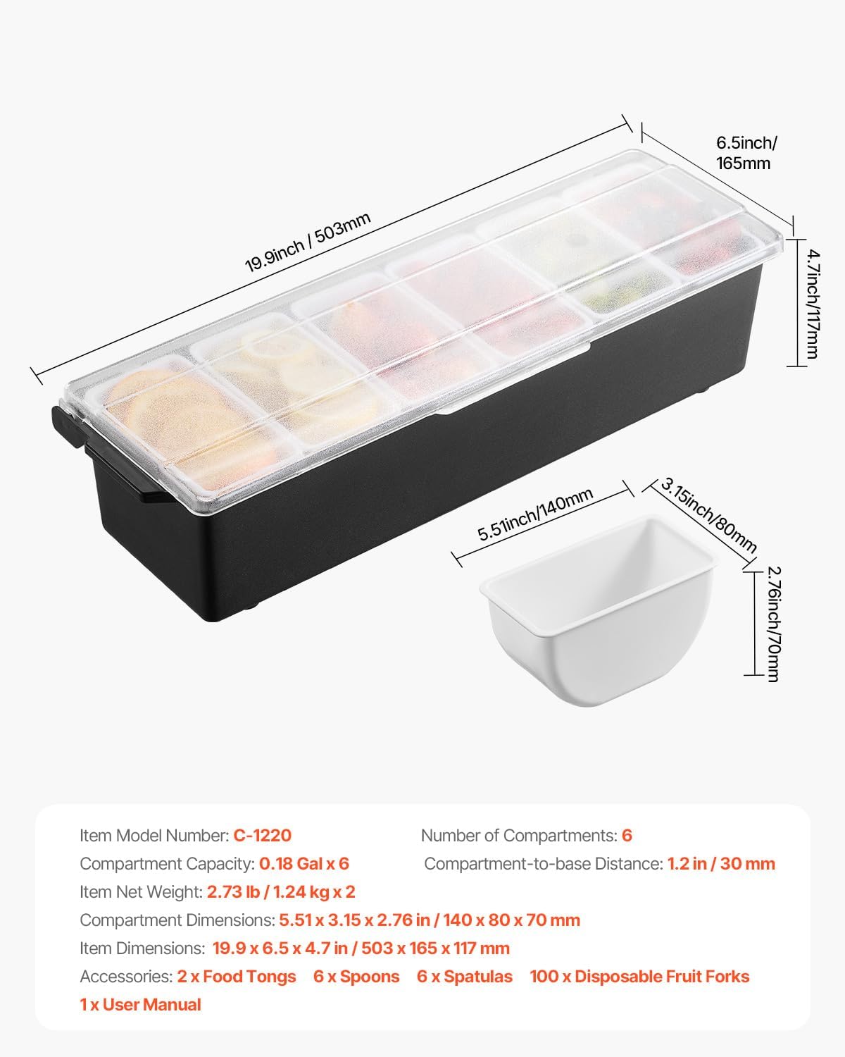 VEVOR Chilled Condiment Server Caddy, 5 Compartment Ice Cooled Serving Container, Plastic Fruit Garnish Tray Platter with Lid, for Taco Salad Bar Accessories, Party Home Restaurant Supplies