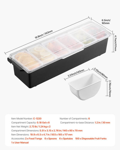VEVOR Chilled Condiment Server Caddy, 5 Compartment Ice Cooled Serving Container, Plastic Fruit Garnish Tray Platter with Lid, for Taco Salad Bar Accessories, Party Home Restaurant Supplies
