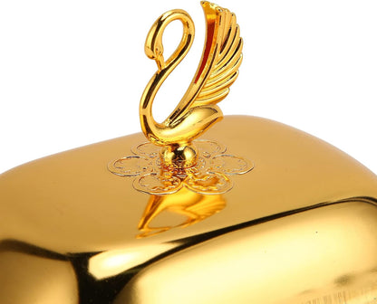 Stainless Steel Serving Tray, 7"x 5" Appetizer Plates with Swan Handle Lid, Fruit Dish Snack Serving Tray Decorative Dessert Platter Candy Holder for Wedding Home Birthday Party (Gold)