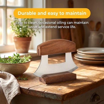 Alaskan Mezzaluna Ulu Knife, Sharp Rocker Mezzaluna Knife with Stand for Cutter Pizza, Meat, Vegetables, Herb, Salad, Chopper with Holder Base(COLOR:Walnut wood)