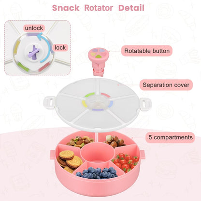 Pawtong Snack Rotator Container Reusable Snack Box with 5 Compartment Dispenser and Lid, Color Matching Opening Lid, BPA and PVC Free, for Home, School, Travel (1 Pack- Pink)