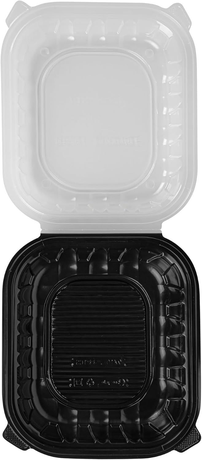 Thermo Tek 40 Ounce Clamshell Containers, 50 Disposable Take Out Boxes - 3 Compartments, Ventilated Lids, Black Plastic Meal Prep Containers, Microwavable, For Pasta Or Salads - Restaurantware