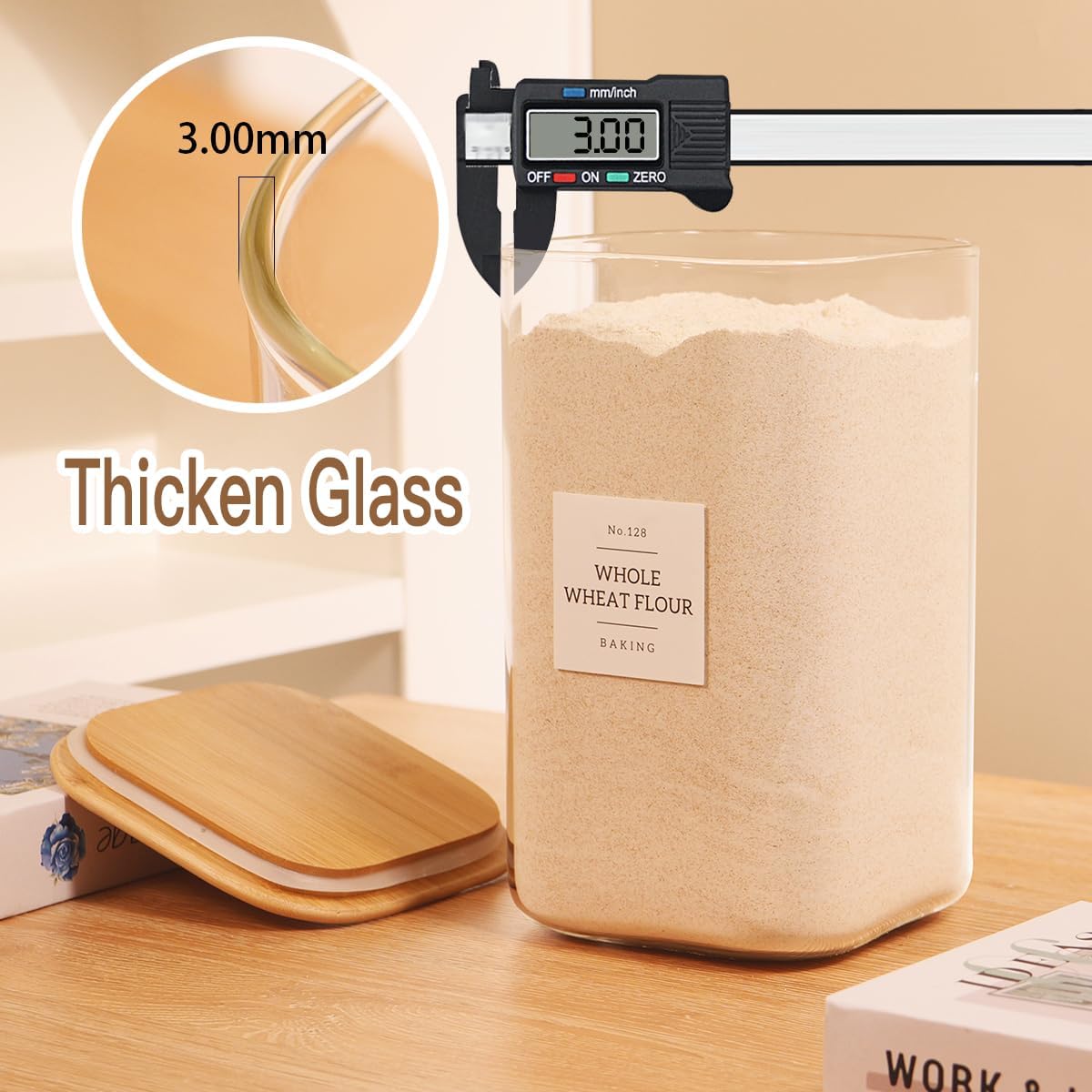 2 Pack large Square Glass Flour and Sugar Containers with 132 Kitchen Pantry Labels - 149 floz & 71 floz - Glass Jars with Airtight Bamboo Lid - Glass Rice Canisters for Coffee, Pasta, Cookie, Cereal