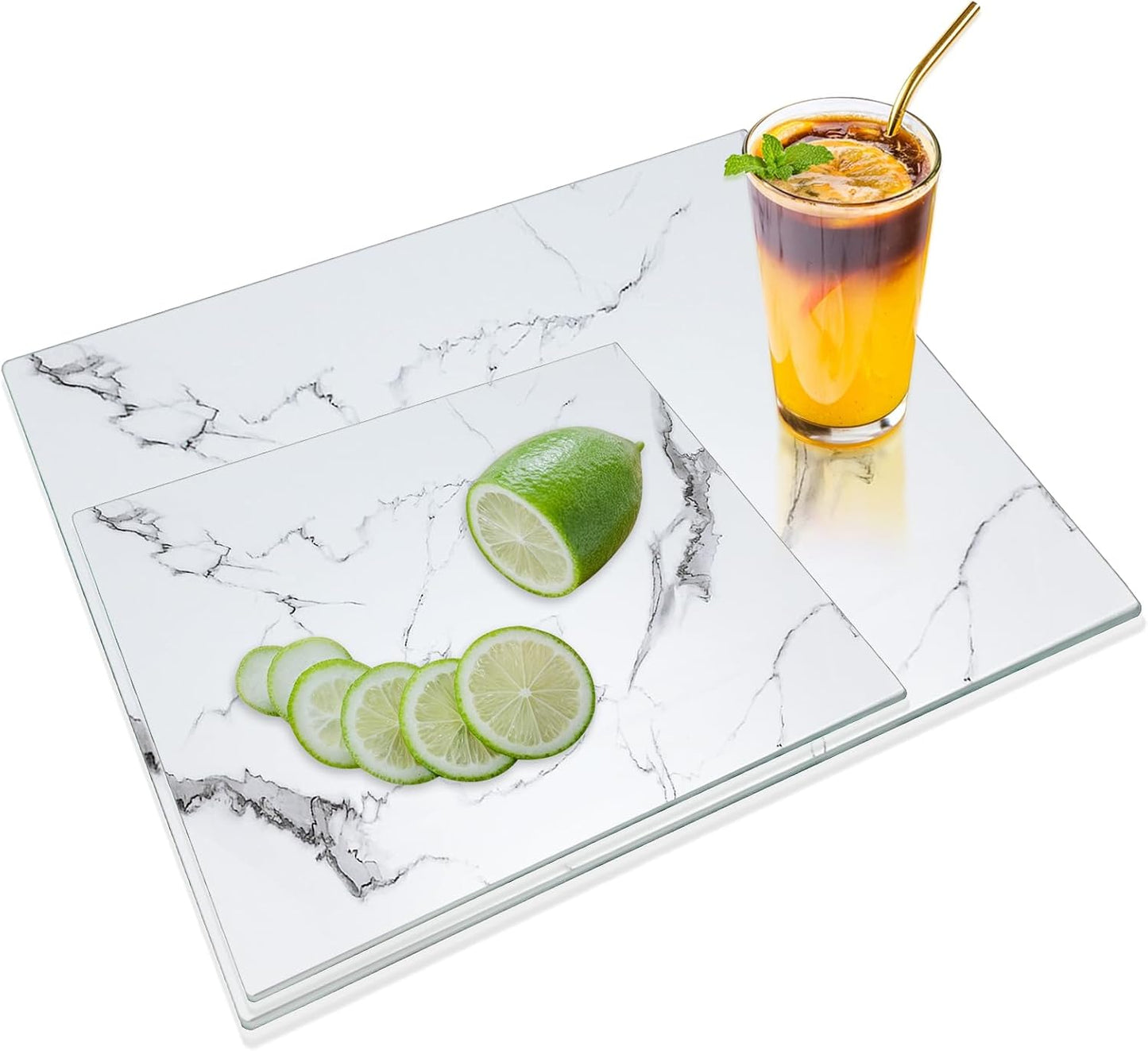Tempered Glass Cutting Boards for Kitchen, Set of 2 Gold Glass Chopping Boards, 16"x12" & 12"x8" Cutting Boards With NonSlip Feet, Scratch Resistant, Heat Resistant, Easy to Clean